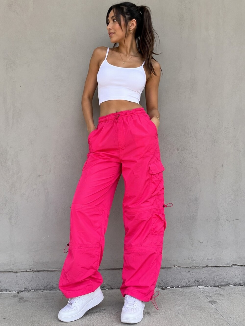 Birch & Stone XL Hot Pink Parachute Cargo Pants Y2K Baggy Drawstring Cinch